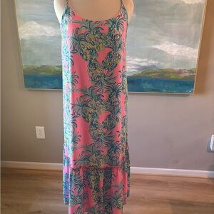 Lilly Pulitzer Tropical Pink Midi Dress.👗 size Large Turquoise pineapples 🍍